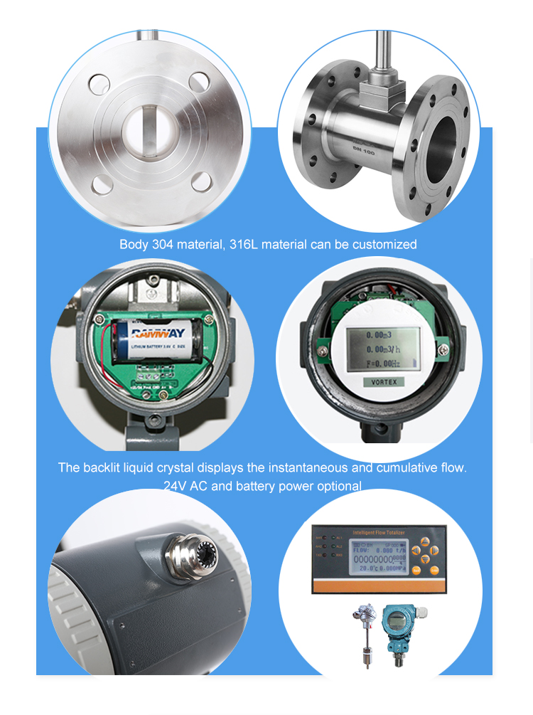 digital in line water steam hydrogen biogas compressed air gas vortex industrial stainless steel flowmeter