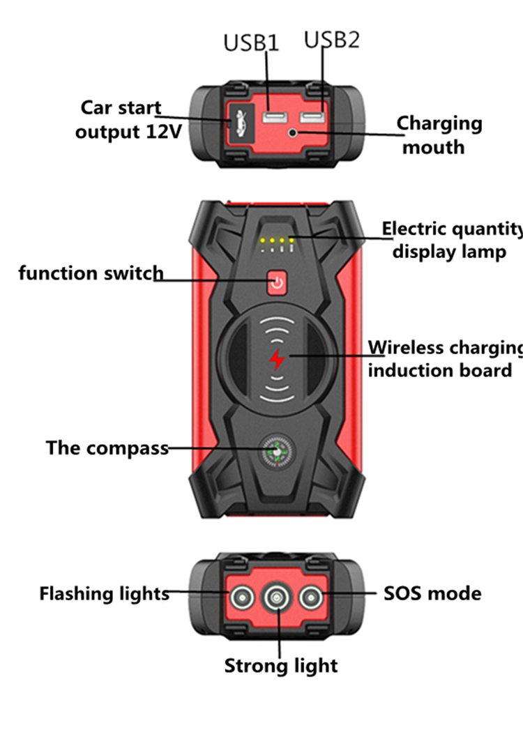 Car battery emergency start power jump starter multifunctional wireless charger