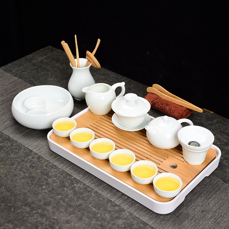 Suet jade kung fu tea set household living room luxury tea cup office reception highgrade white porcelain tureen