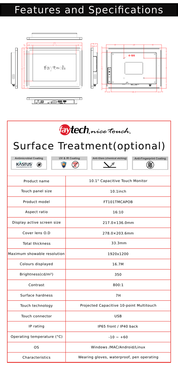 101 Capacitive Touch Monitor Optically Bonded AntiGlare Surface 10FingerMulti Touch Panel USBTouch Connection