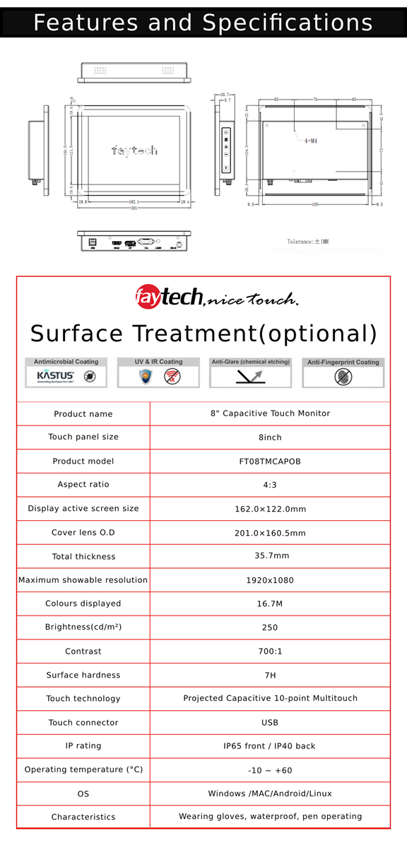 8inch Capacitive Touch Monitor Optically Bonded AntiGlare Surface 10FingerMulti Touch Panel USBTouch Connection
