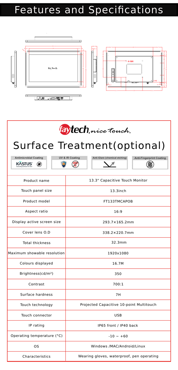 133 Capacitive Touch Monitor Optically Bonded AntiGlare Surface 10FingerMulti Touch Panel USBTouch Connection