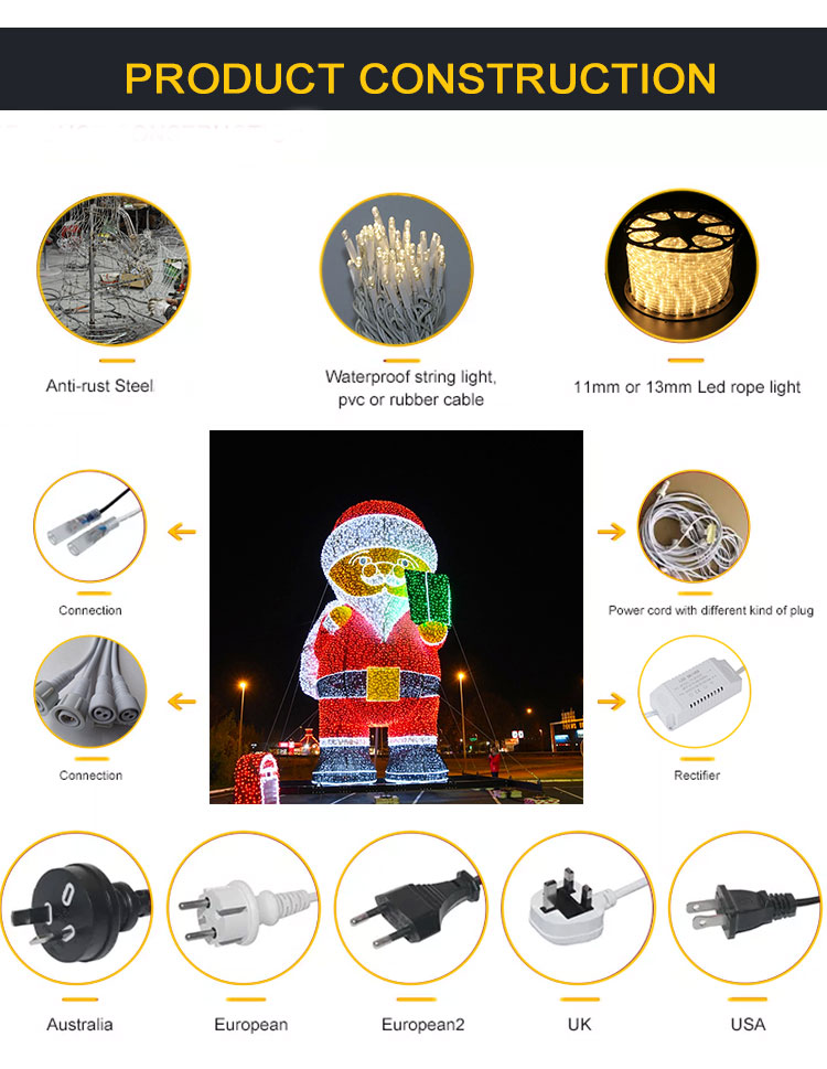Giant Christmas Decoration Customized 3D LED Light up Outdoor Lighting Santa Claus Motif Light