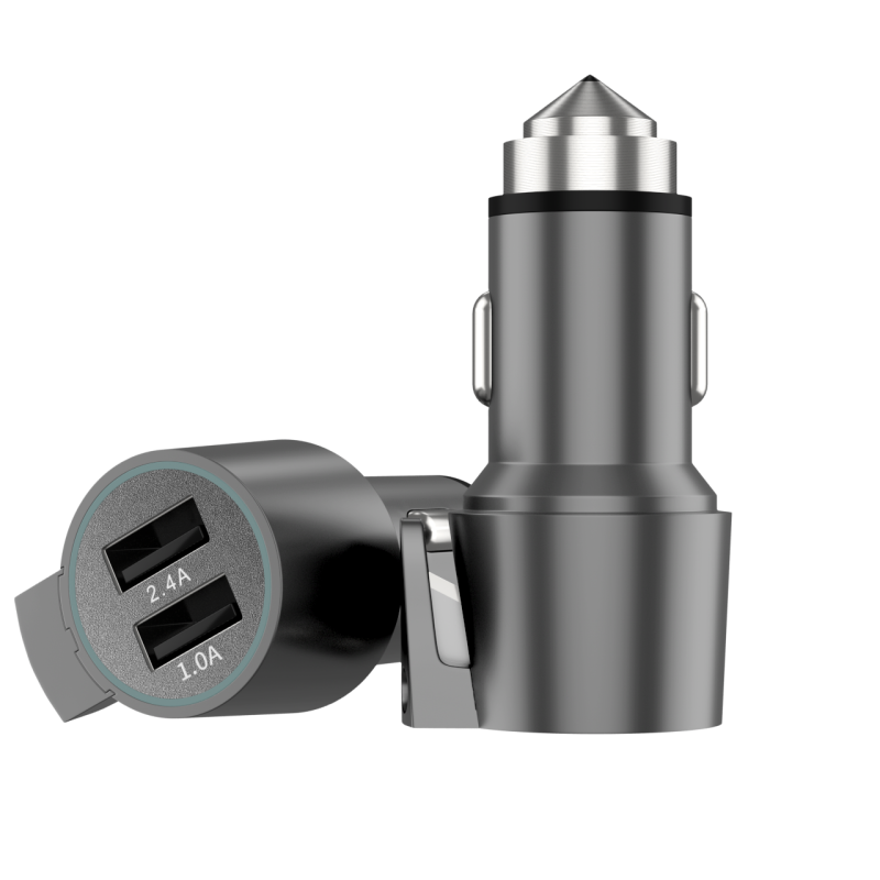 17W USB C 2Port Car Charger 30 Fast Charging for Phone with Stainless Steel Safety Hammer