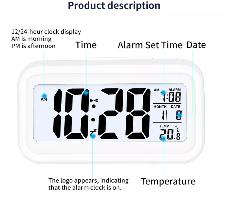 Large LCD Backlight Display Digital Alarm Electronic Clock Home Office Travel Desktop Decor Clock with Thermometer