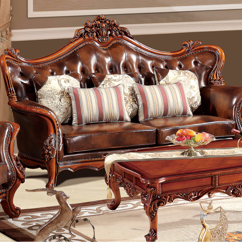 European leather solid wood sofa combination villa luxury living room large family all solid wood carved furniture