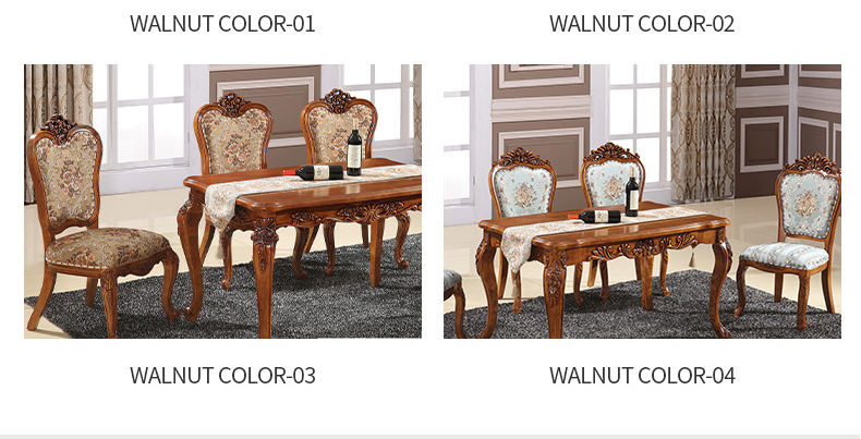 Europeanstyle dining table and chairs light luxury walnut color solid wood carved dining table and chairs