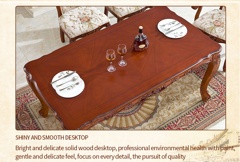 Europeanstyle dining table and chairs light luxury walnut color solid wood carved dining table and chairs