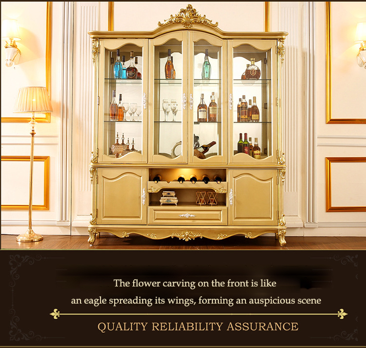 America European Luxury Villa Full Wood Exquisite Carved Champagne Gold Multifunctional Storage Wine Cabinet