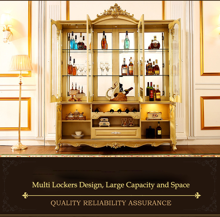 America European Luxury Villa Full Wood Exquisite Carved Champagne Gold Multifunctional Storage Wine Cabinet