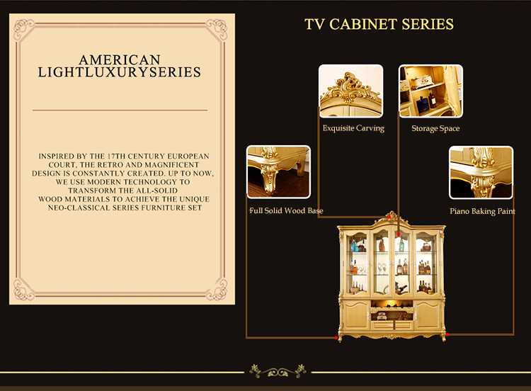 America European Luxury Villa Full Wood Exquisite Carved Champagne Gold Multifunctional Storage Wine Cabinet