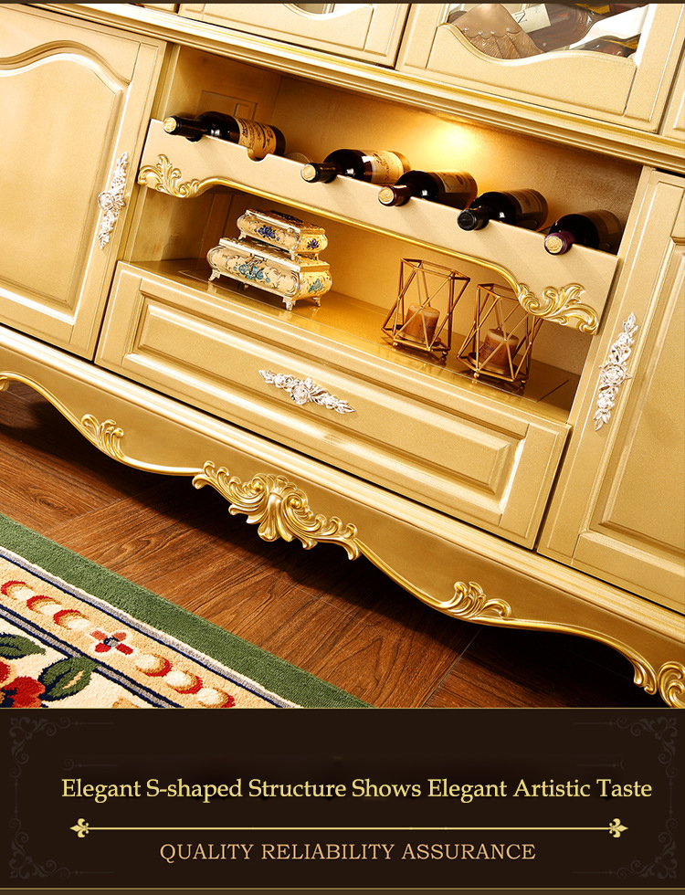 America European Luxury Villa Full Wood Exquisite Carved Champagne Gold Multifunctional Storage Wine Cabinet