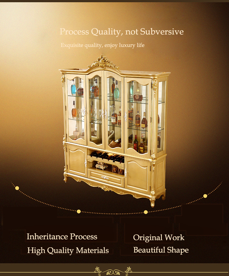 America European Luxury Villa Full Wood Exquisite Carved Champagne Gold Multifunctional Storage Wine Cabinet