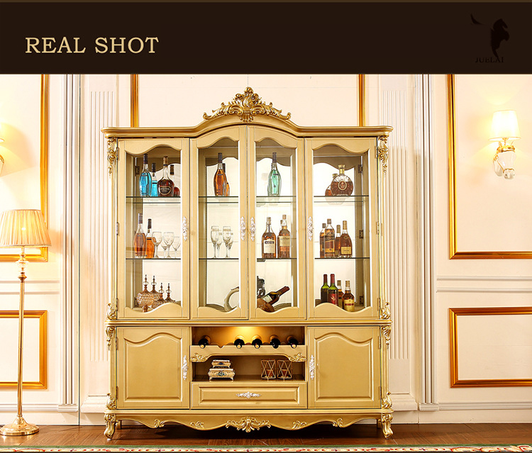 America European Luxury Villa Full Wood Exquisite Carved Champagne Gold Multifunctional Storage Wine Cabinet