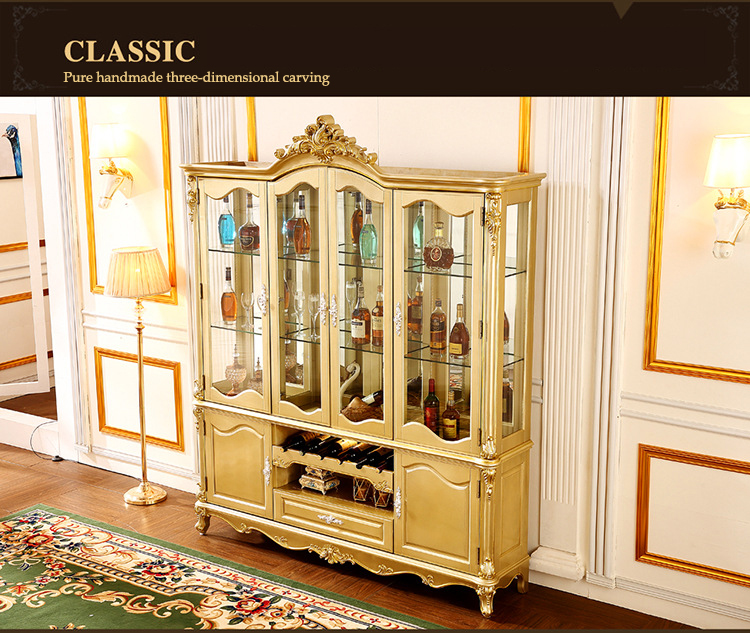 America European Luxury Villa Full Wood Exquisite Carved Champagne Gold Multifunctional Storage Wine Cabinet