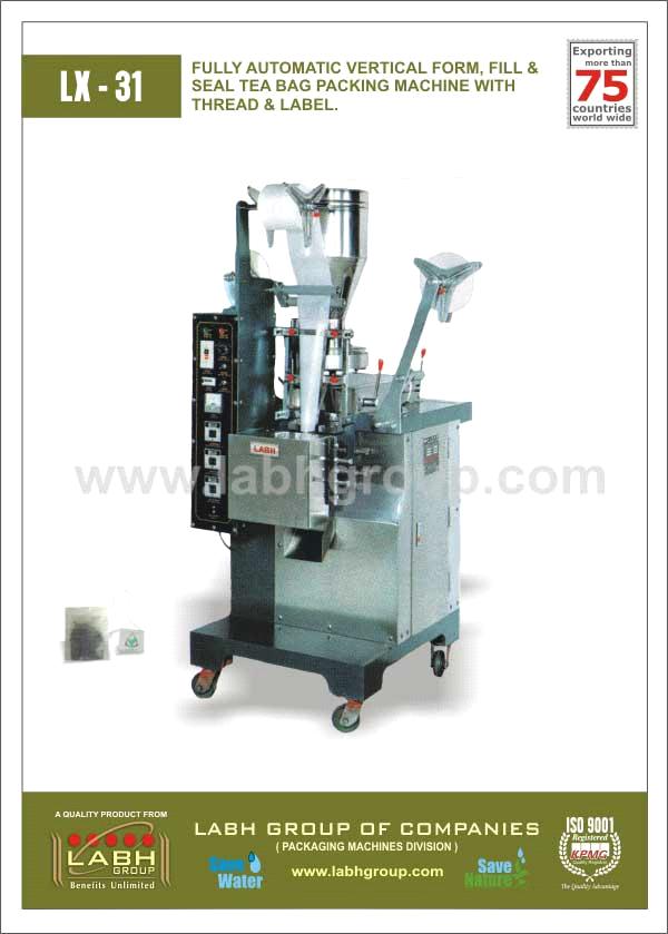 FULLY AUTOMATIC VERTICAL FORM, FILL AND SEAL TEA BAG PACKING MACHINE WITH THREAD & LABEL.