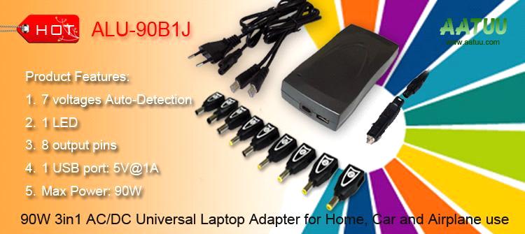 90W 3in1 AC/DC Universal Laptop Adapter for Home, Car and Airplane Use