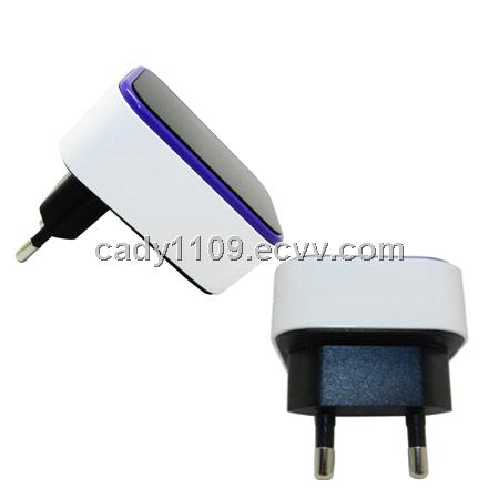 Dual USB Power Adapter with Korea, EU, US Plugs, 1A Plus 1A Output Current