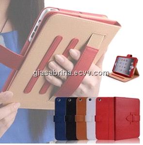 Hand hold elastic strap leather PU cover for iPad Mini stand case
