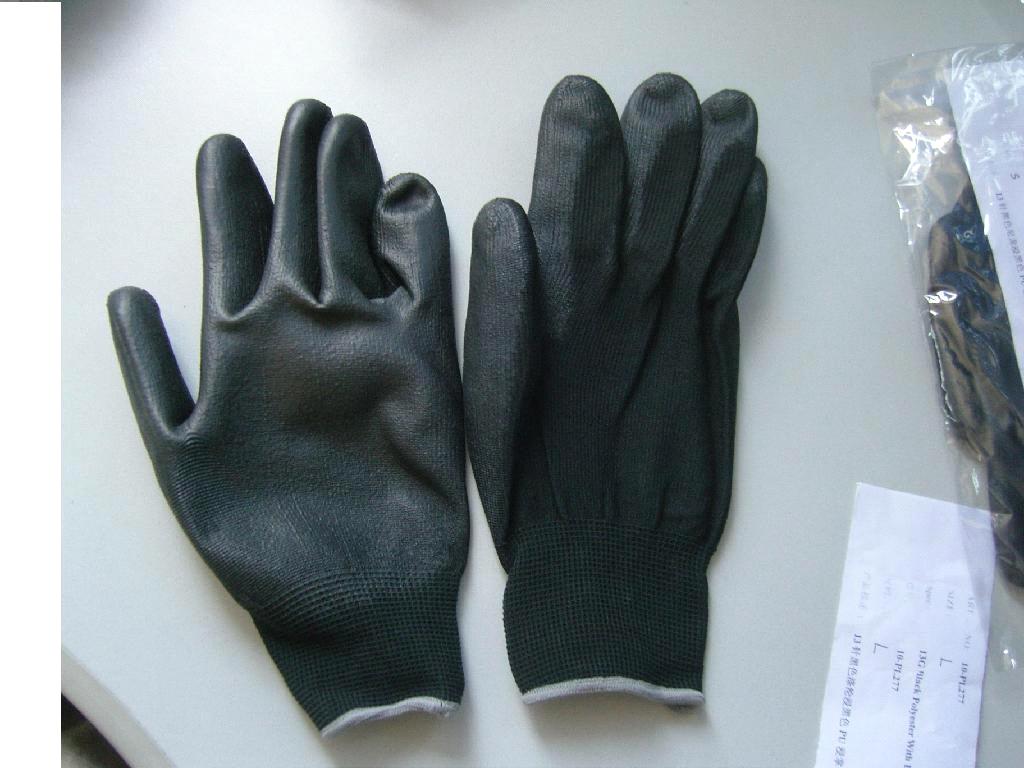 13G Black polyester knitting gloves with black PU coated on palm (10-PL277)