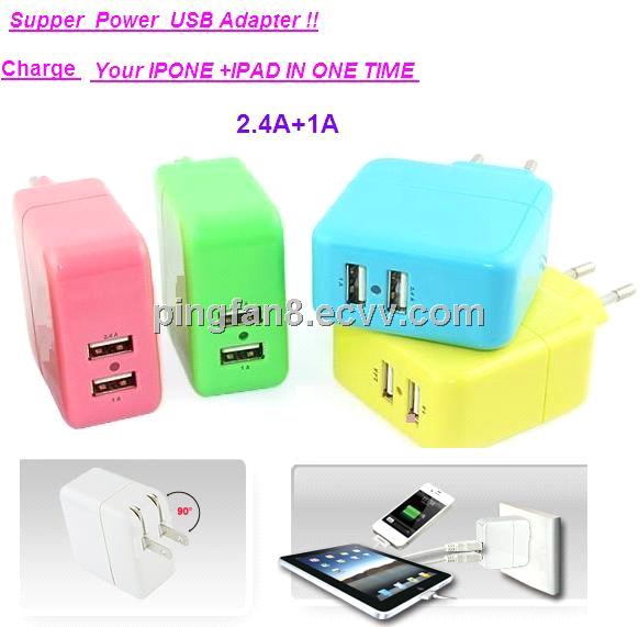 Super fast USB charger 2.4A+1A  charge IPAD+ IPHONE together