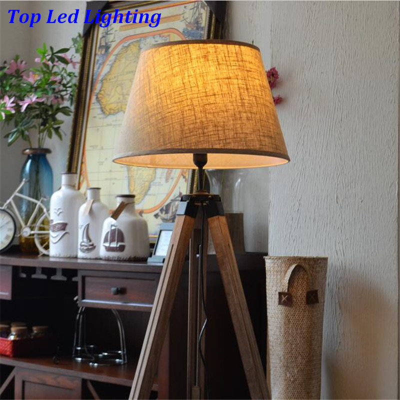Vintage American Country Wood Fabric Led E27 Floor Lamp For Living