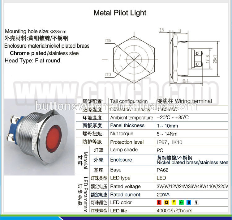 IN56 automotive Single light source 12v 110v 220v led Signal Lamp metal waterproof Pilot Lamp, 28mm anti-vandal indicator light