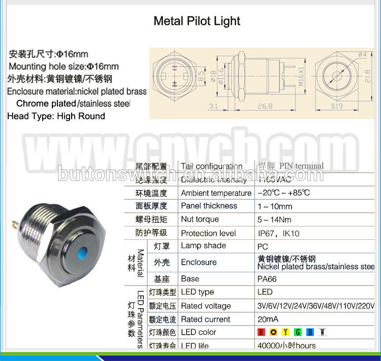 IN17 3A 16mm metal led indicator light stainless steal indicator switch water level high flush riser indicator 250V