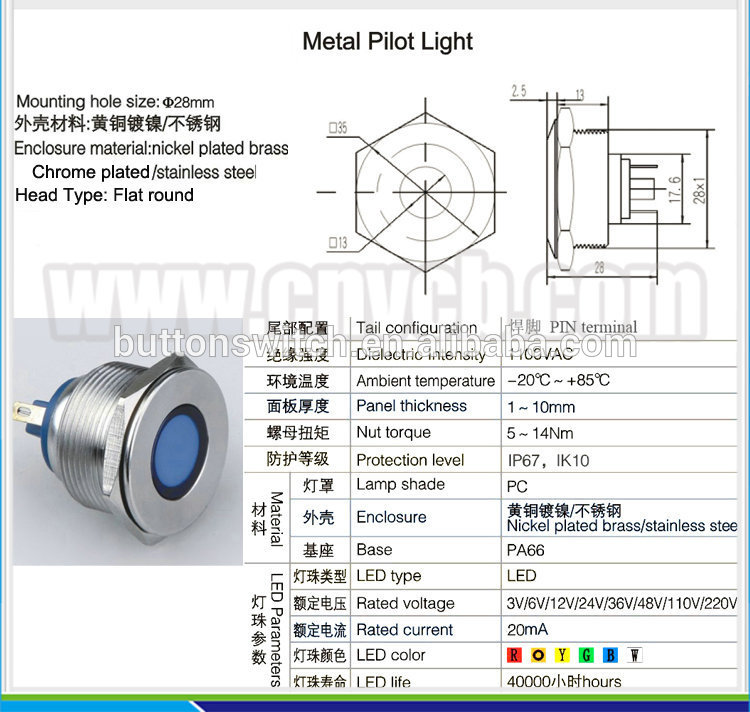 IN54 flat head Anti-vandal indicator 28mm Diameter lamp light