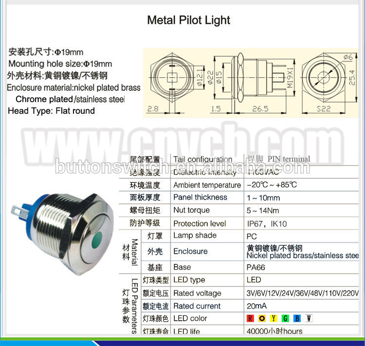 IN25 19mm anti-vandal metal type high lighted indicator dot lamp