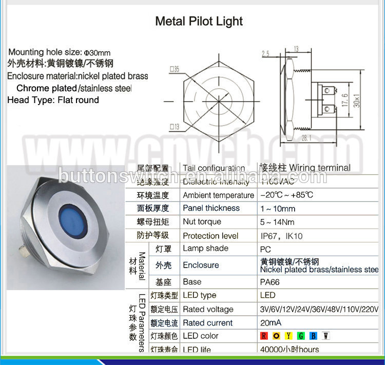 IN60 30mm Anti-vandal LED Metal IP65/IP67 stainless steel Signal Lamp Waterproof