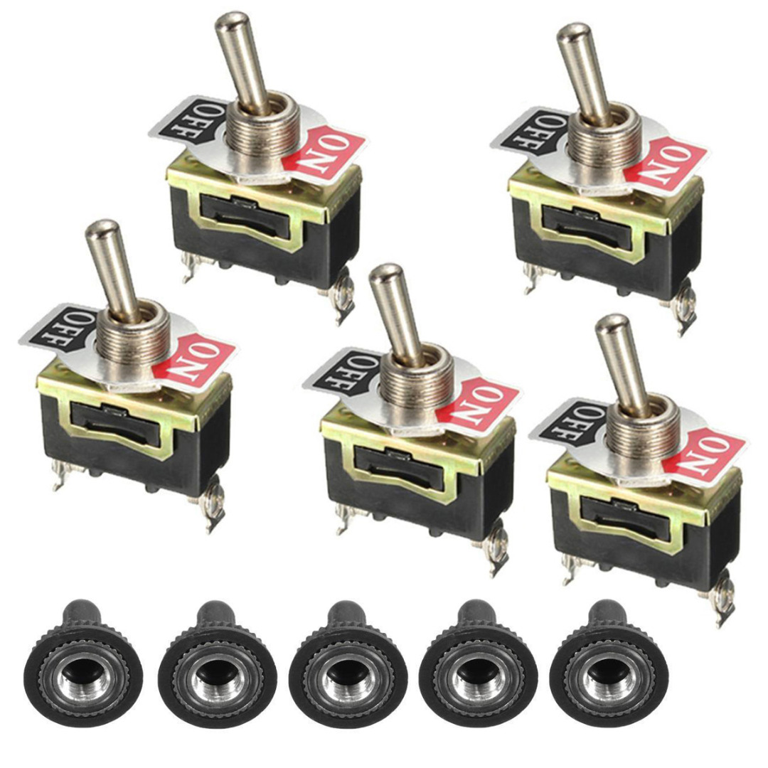 5pcs/Lot Heavy Duty 2 Pin ON/OFF Rocker Toggle Switches Mayitr Waterproof Boot Metal SPST Connector Switch 250V 15A