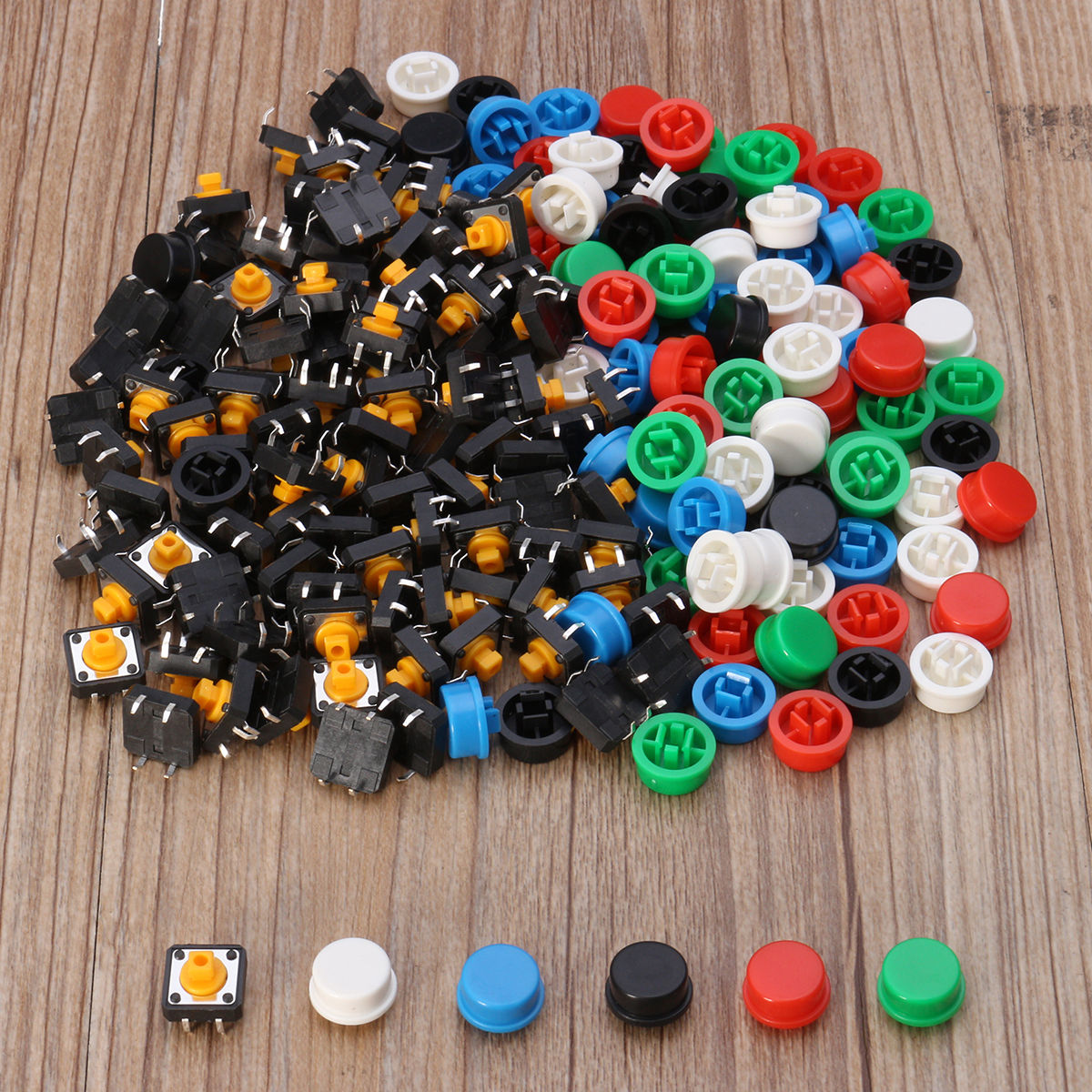 100pcs Plastic Tactile Switch PCB Tact Push Button Momentary Switch 4 Pins + 5 Color Button Cap 12*12*7.3mm Mayitr