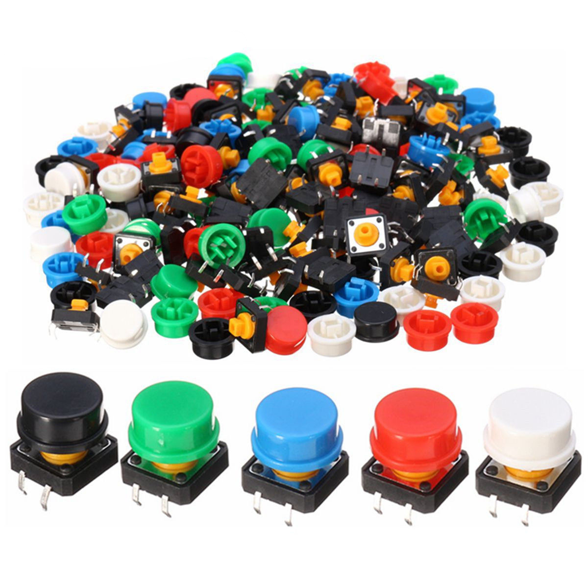 100pcs Plastic Tactile Switch PCB Tact Push Button Momentary Switch 4 Pins + 5 Color Button Cap 12*12*7.3mm Mayitr