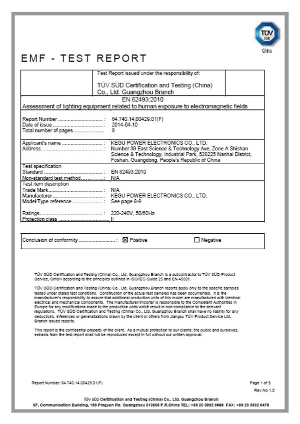 TUV EMF TEST REPORT