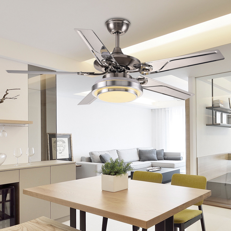 42 Inch Stainless Steel Ceiling Fan Led Lamp 4 Leaves Modern