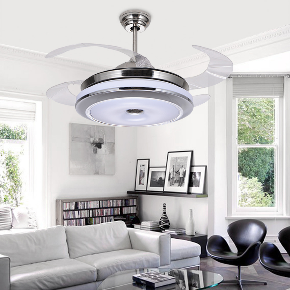 LED Hidden Blade Quiet Stainless Steel Acrylic Ceiling Fan LED Lamp.LED