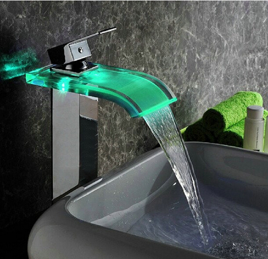 New Style Color Changing Led Basin Faucet Bathroom Brass Waterfall