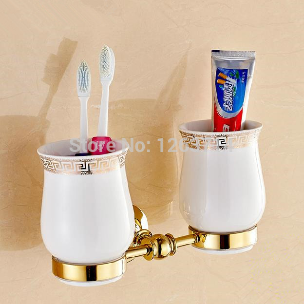 Gold Polished Brass Bathroom Dual Ceramic Cups Wall Mount Toothbrush Holder Set