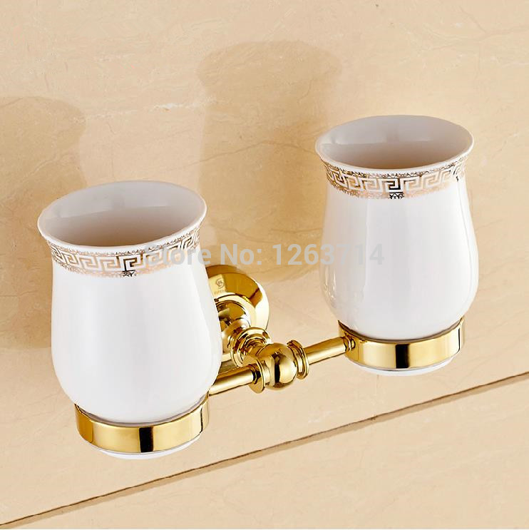 Gold Polished Brass Bathroom Dual Ceramic Cups Wall Mount Toothbrush Holder Set