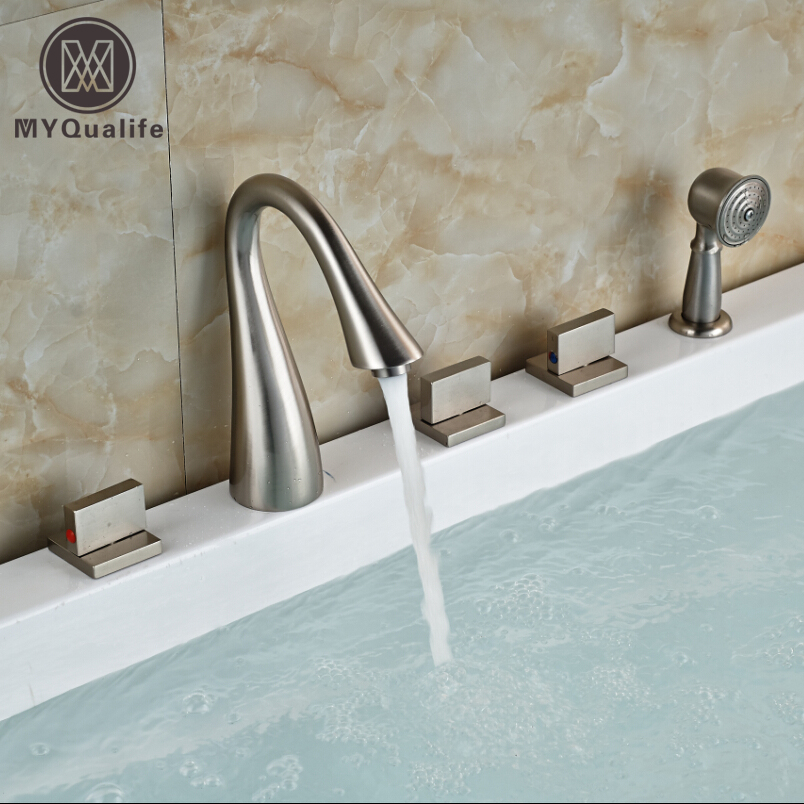 Brushed Nickel 3 Square Handles Bathtub Faucet Deck Mount Tub