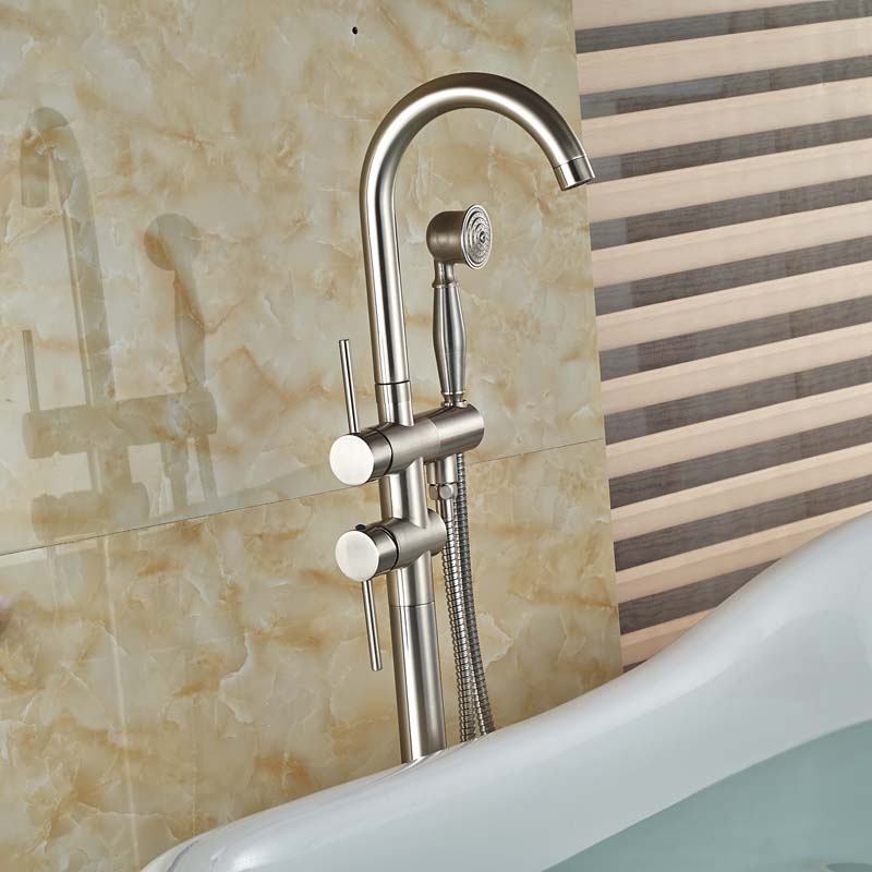 Brushed Nickel Free Standing Bathtub Mixer Faucet Dual Handles Bathroom