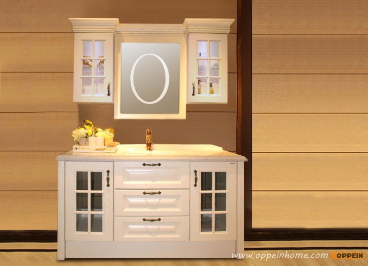 Customized Traditonal Elegant White Wooden Bathroom Cabinet