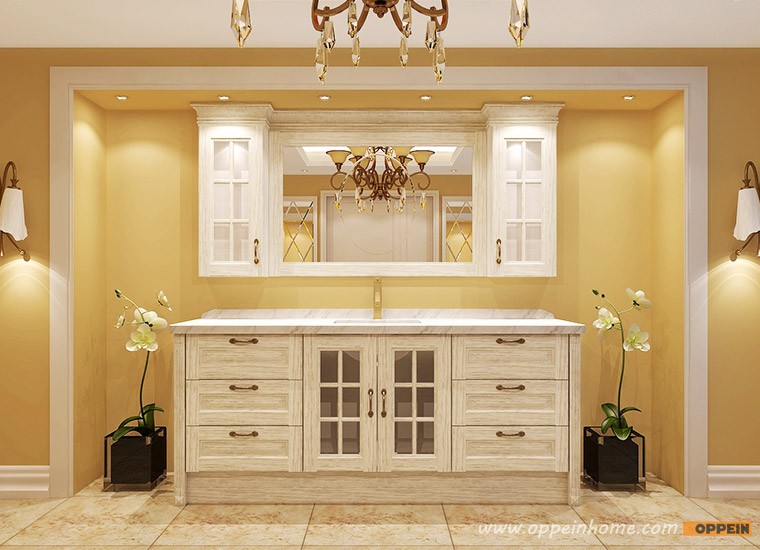 Customized Traditonal Elegant White Wooden Bathroom Cabinet