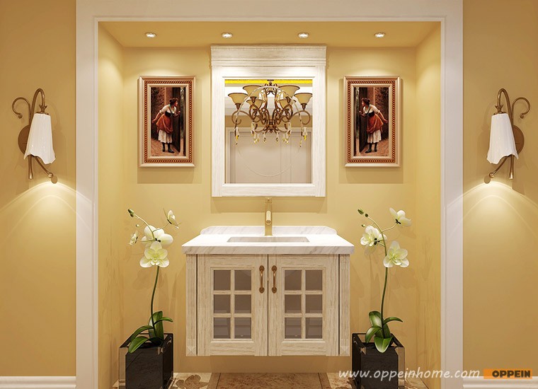 Customized Traditonal Elegant White Wooden Bathroom Cabinet