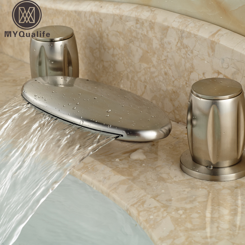Luxury Arcuate Waterfall Spout Two Handle Basin Mixer Faucet Deck