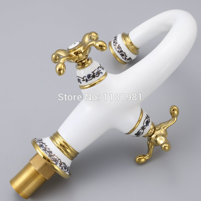 Dual Handles White Painted Porcelain Bathroom Basin Brass Faucets