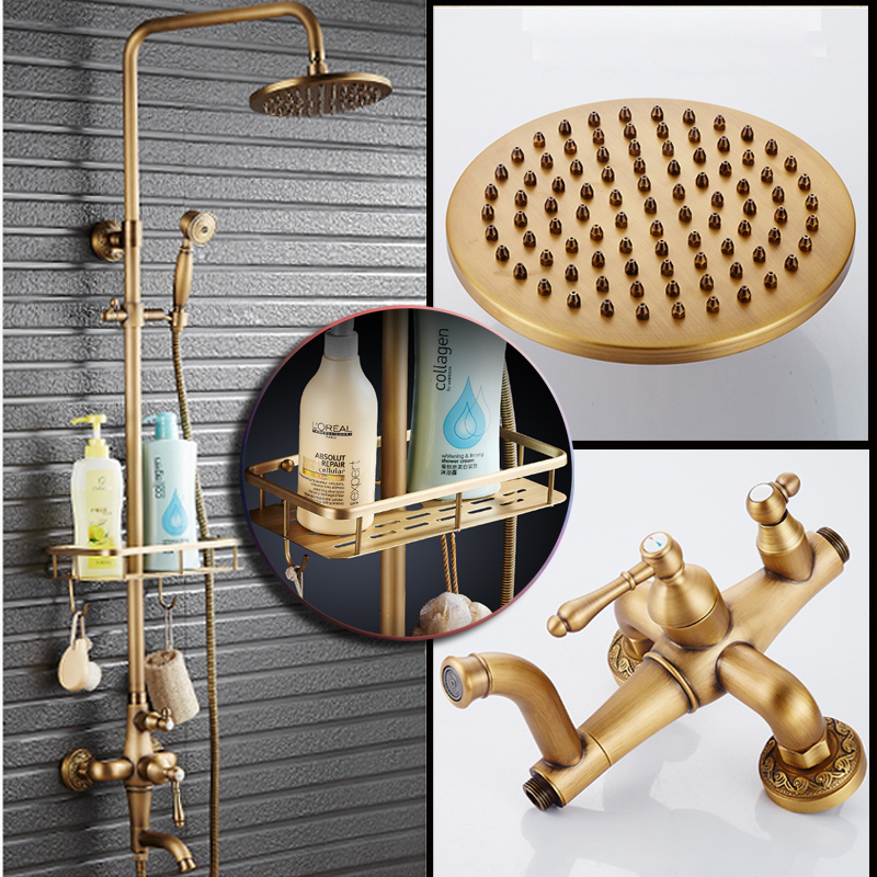Antique Brass Shower Mixer Valve Set One Handle with Storage Holde