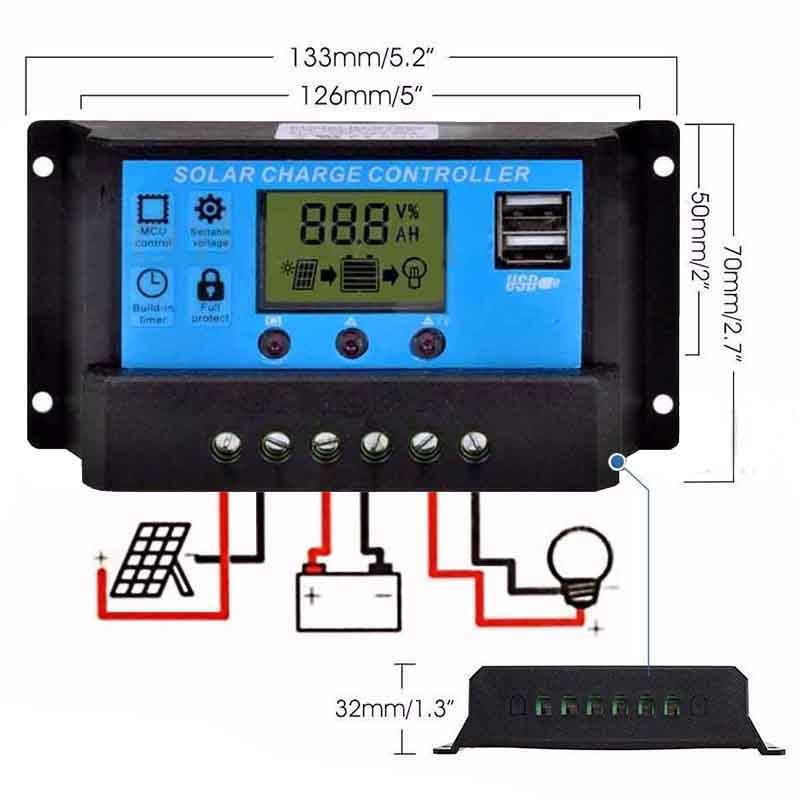 12V/24V PWM Solar Charge Controller Dual USB LCD Display Solar Panel Charge Regulator 10A 20A 30A