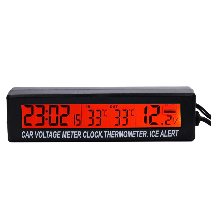 VIGORWORK 3 in1 Digital Car Thermometer Voltmeter Auto Indoor Outdoor Temperature Voltage Meter Alarm Clock Blue Orange Backlight 